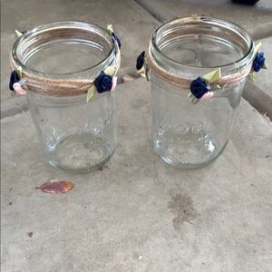 Wedding Decorative Mason Jars with Blue Floral Accents - Set Of 2